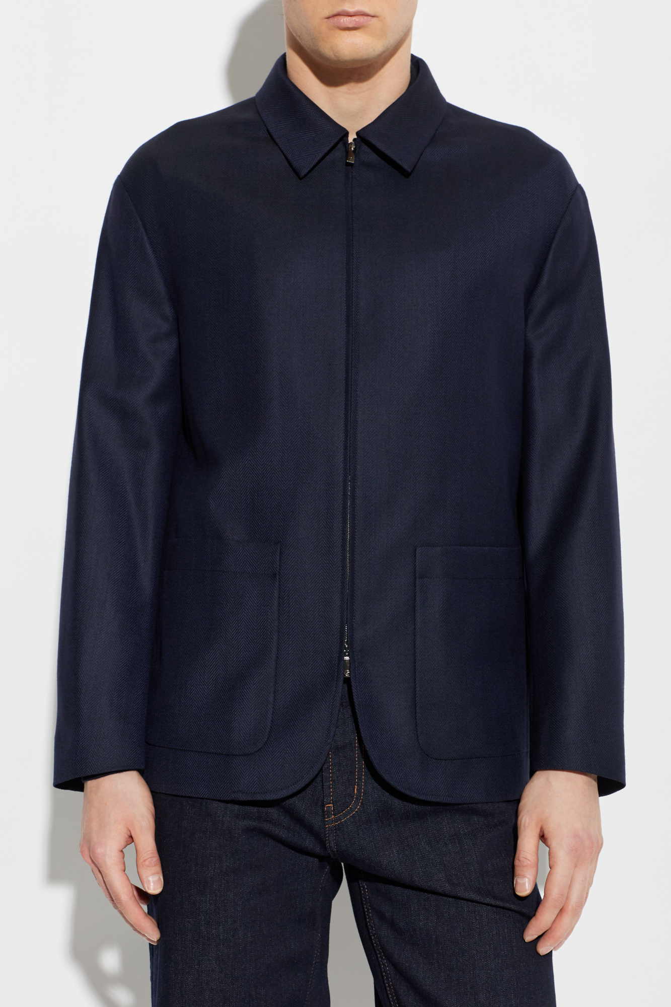 Navy blue Wool jacket with herringbone pattern Giorgio Armani